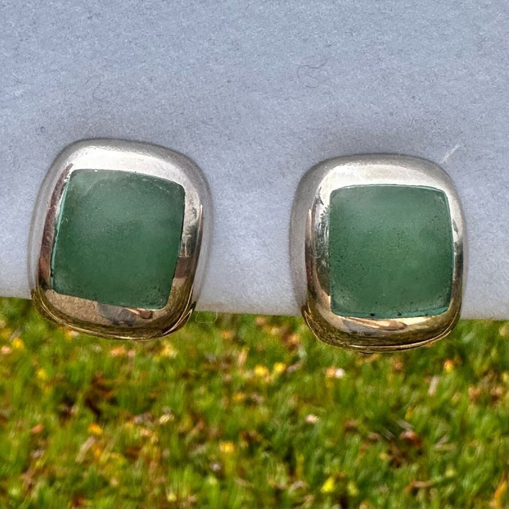 Vintage Mexican Sterling Silver & Green Aventurine Clip-On Earrings